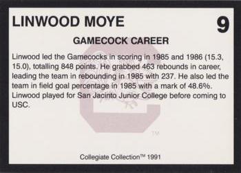 1991 Collegiate Collection South Carolina Gamecocks #9 Linwood Moye Back