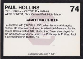 1991 Collegiate Collection South Carolina Gamecocks #74 Paul Hollins Back