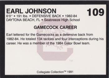 1991 Collegiate Collection South Carolina Gamecocks #109 Earl Johnson Back