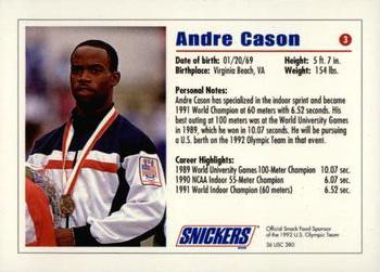 1992 Snickers U.S. Olympic #3 Andre Cason Back