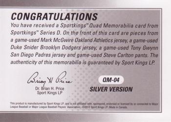 2010 Sportkings Series D - Quad Memorabilia Silver #QM-04 Mark McGwire / Duke Snider / Tony Gwynn / Steve Carlton Back