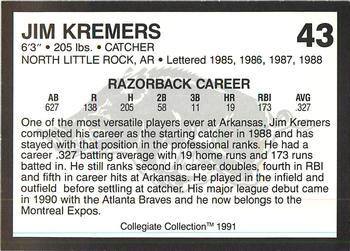1991 Collegiate Collection Arkansas Razorbacks #43 Jim Kremers Back