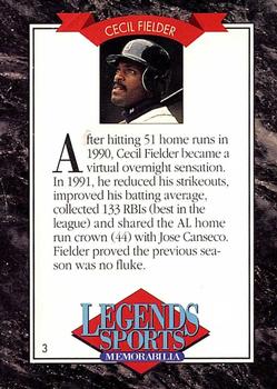 1992 Legends Sports Memorabilia #3 Cecil Fielder Back