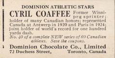 1928-29 Dominion Chocolate Athletic Stars #40 Cyril Coaffee Back