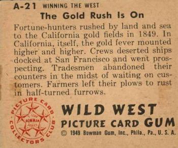 1949 Bowman Wild West (R701-19) #A-21 The Gold Rush is On Back