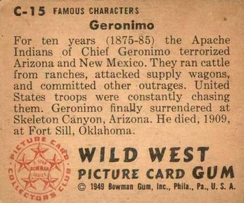 1949 Bowman Wild West (R701-19) #C-15 Geronimo Back