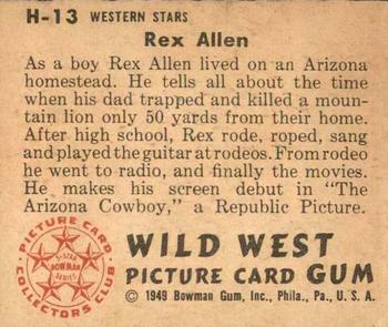1949 Bowman Wild West (R701-19) #H-13 Rex Allen Back