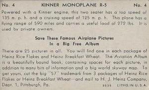 1935 Heinz Famous Airplanes (F277-1) #4 Kinner Monoplane R-5 Back