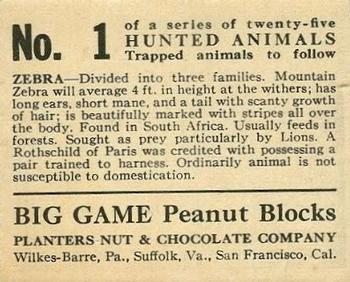 1933 Planters Big Game Hunted Animals (R71) #1 Zebra Back