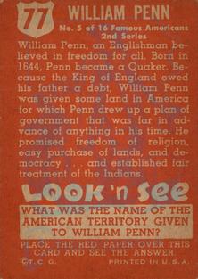 1952 Topps Look 'n See (R714-16) #77 William Penn Back