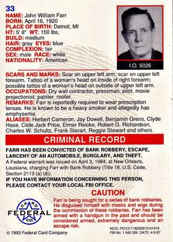 1993 Federal Wanted By FBI #33 John William Farr Back