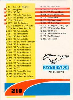 1994 Performance Years Mustang Cards II (30 Years) #210 Checklist Back
