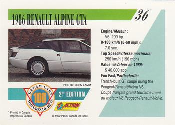 1992 Panini Dream Cars 2nd Edition #36 1986 Renault Alpine GTA Back