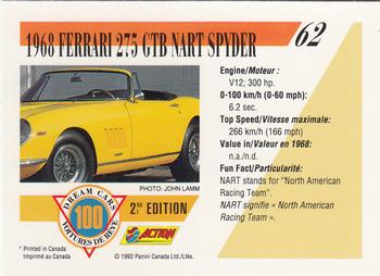 1992 Panini Dream Cars 2nd Edition #62 1968 Ferrari 275 GTB Nart Spyder Back