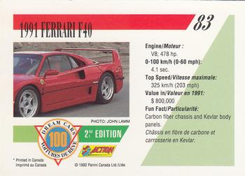 1992 Panini Dream Cars 2nd Edition #83 1991 Ferrari F40 Back