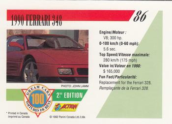 1992 Panini Dream Cars 2nd Edition #86 1990 Ferrari 348 Back