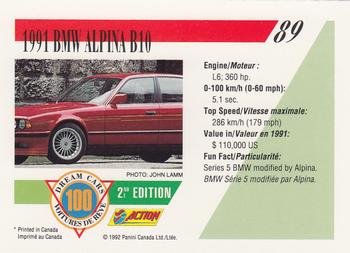 1992 Panini Dream Cars 2nd Edition #89 1991 BMW Alpina B10 Back