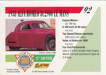 1992 Panini Dream Cars 2nd Edition #92 1938 Alfa Romeo 8C2900 Le Mans Back