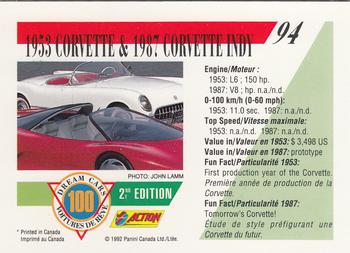1992 Panini Dream Cars 2nd Edition #94 1953 Corvette & 1987 Corvette Indy Back