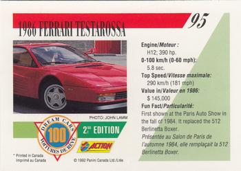 1992 Panini Dream Cars 2nd Edition #95 1986 Ferrari Testarossa Back