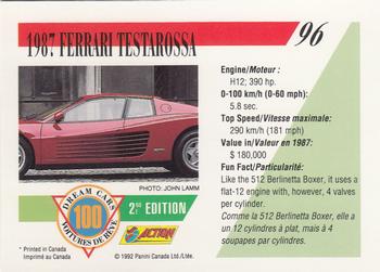 1992 Panini Dream Cars 2nd Edition #96 1987 Ferrari Testarossa Back