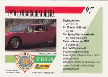 1992 Panini Dream Cars 2nd Edition #97 1970 Lamborghini Miura Back