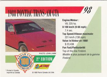 1992 Panini Dream Cars 2nd Edition #98 1988 Pontiac Trans-Am GTA Back