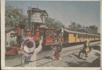 1965 Donruss Disneyland (Blue Back) #5 Indians Greet the Santa Fe & Disneyland Railroad 1890 Locomotive Train at the Frontierland Depot Front