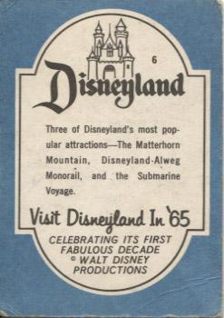 1965 Donruss Disneyland (Blue Back) #6 Three of Disneyland's Most Popular Attractions - The Matterhorn Mountain, Disneyland Alweg Monorail and the Submarine Voyage Back