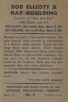 1953 Bowman Television and Radio Stars of the NBC (R701-15) #2 Bob Elliott / Ray Goulding Back