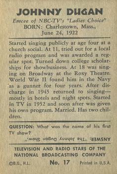 1953 Bowman Television and Radio Stars of the NBC (R701-15) #17 Johnny Dugan Back