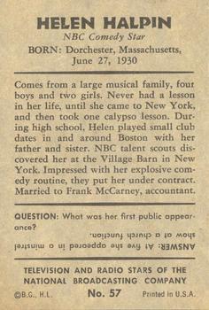 1953 Bowman Television and Radio Stars of the NBC (R701-15) #57 Helen Halpin Back
