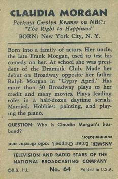 1953 Bowman Television and Radio Stars of the NBC (R701-15) #64 Claudia Morgan Back