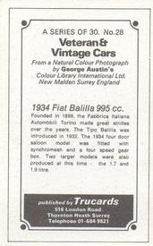 1970 Trucards Veteran & Vintage Cars #28 1934 Fiat Balilla 995 cc Back
