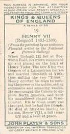 1935 Player's Kings & Queens of England (Small) #19 Henry VII Back