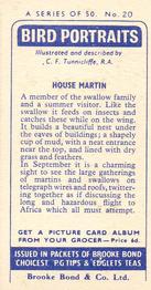 1957 Brooke Bond Bird Portraits  - Without Address #20 House Martin Back