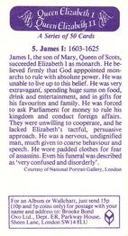 1982 Brooke Bond Queen Elizabeth 1 Queen Elizabeth 2 #5 James I Back