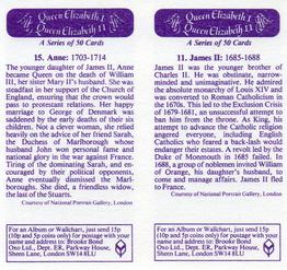 1982 Brooke Bond Queen Elizabeth 1 Queen Elizabeth 2 (Double Cards) #11-15 James II / Anne Back