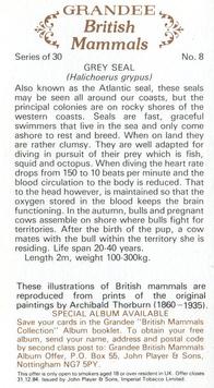 1982 Grandee British Mammals (Imperial Group plc) #8 Grey Seal Back