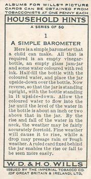 1936 Wills's Household Hints #1 A Simple Barometer Back