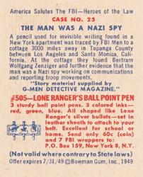 1949 Bowman America Salutes the FBI - Heroes of the Law (R701-6) #25 The Man was a Nazi Spy Back