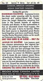 1966 Brooke Bond (Red Rose Tea) Canadian / American Songbirds (Canadian Black Backs) #25 Bohemian Waxwing Back
