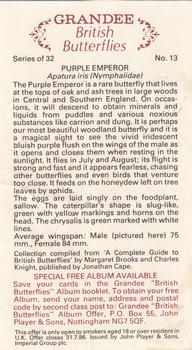 1983 Grandee British Butterflies #13 Purple Emperor Back
