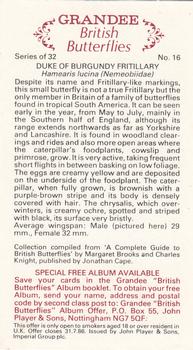 1983 Grandee British Butterflies #16 Duke of Burgundy Fritillary Back