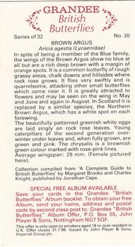 1983 Grandee British Butterflies #20 Brown Argus Back