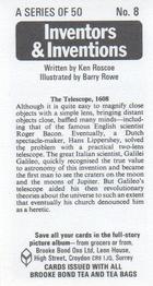 1975 Brooke Bond Inventors & Inventions #8 The Telescope, 1608 Back
