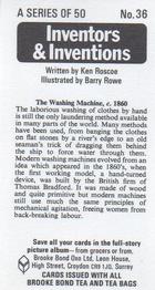 1975 Brooke Bond Inventors & Inventions #36 The Washing Machine, c. 1860 Back