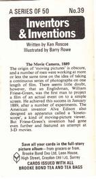 1975 Brooke Bond Inventors & Inventions #39 The Movie Camera, 1889 Back