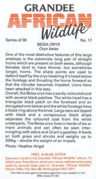 1990 Grandee African Wildlife #17 Beisa Oryx Back