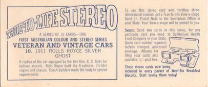 1966 Sanitarium Weet-Bix Veteran & Vintage Cars (Stereo Cards) #10 1911 Rolls Royce Silver Ghost Back